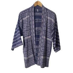 Blue Thick Chambray White Embroidered Bohemian Open Cardigan Women's Medium